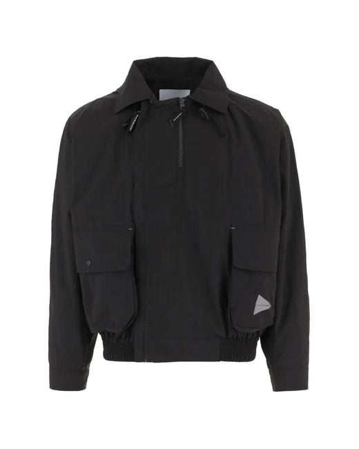 And Wander Black Logo-Print Zip-Up Jacket