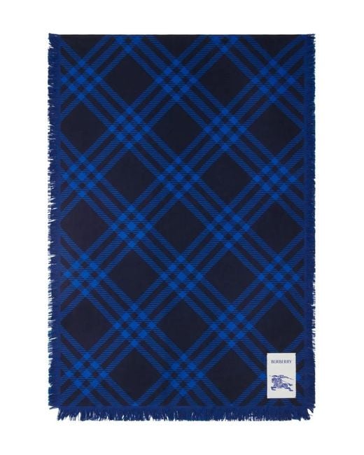 Burberry Blue Wide Check Wool Silk Scarf