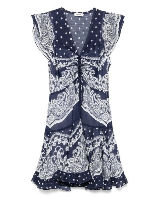 Sandro Blue Satin Bandana Print Mini Dress