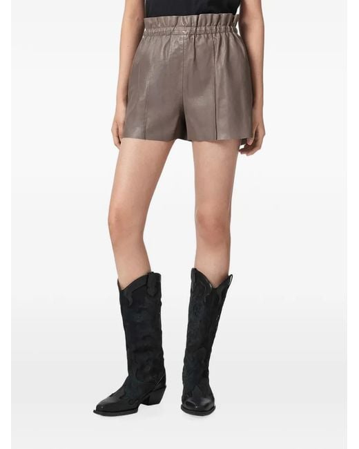 AllSaints Gray Fran Paperbag-Waist Leather Shorts