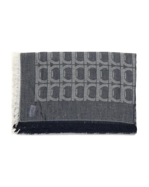 Ferragamo Gray Gancini-Pattern Fringed Scarf for men
