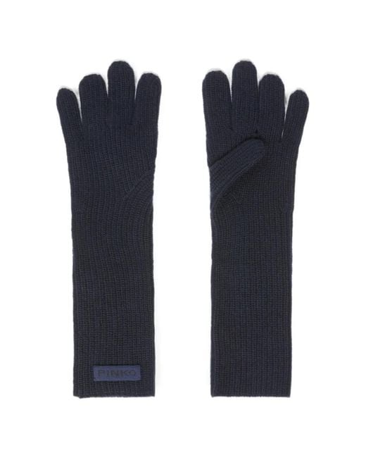 Pinko Blue Ribbed-Knit Logo-Patch Gloves
