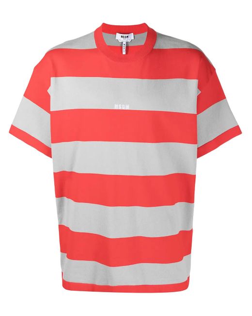 MSGM Red Logo-Print Striped T-Shirt for men