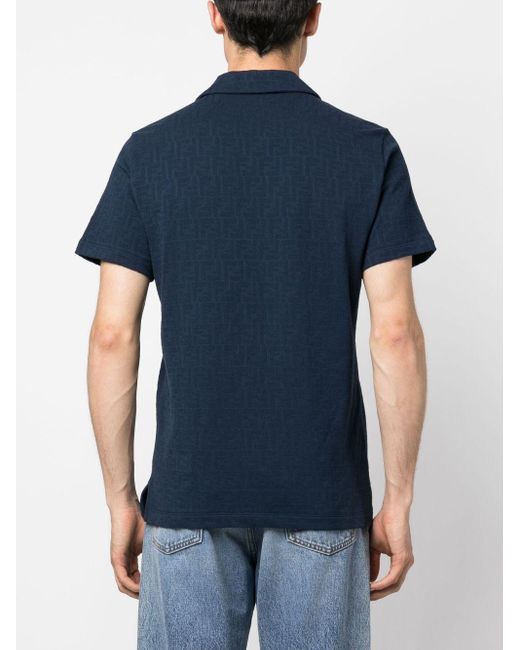 Fendi Blue Monogram-jacquard Cotton Polo Shirt for men