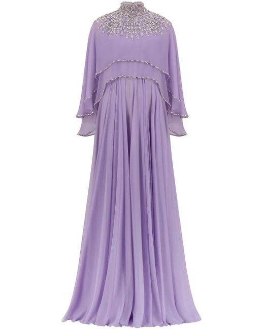 Dina Melwani Purple Embellished Chiffon Gown