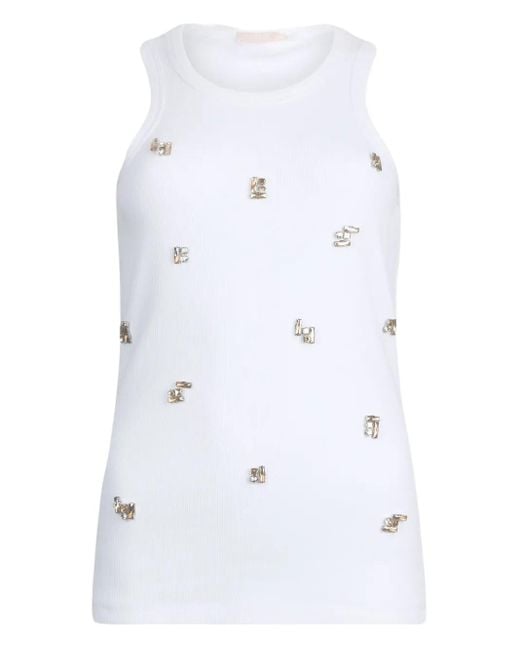 Liu Jo White Ribbed Bejewelled Tank Top