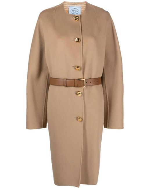 Prada Natural Single-Breasted Belted Coat