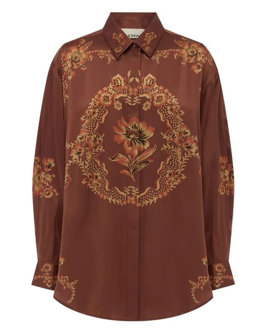 ALÉMAIS Brown Seraphina Floral-Print Silk Shirt