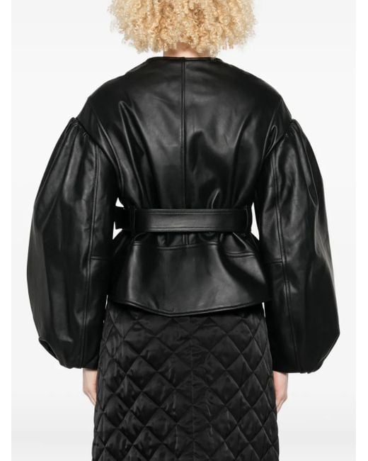 Simone Rocha Leren Jack Met Pofmouwen En Ceintuur in het Black
