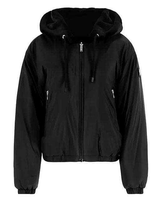 Moose Knuckles Black Cropped Faux Fur Jacket With Plush Hood And Zippered Pockets