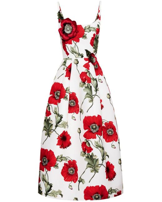 Oscar de la Renta Red Poppy-print Midi Dress