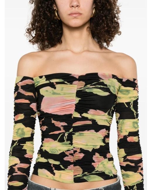 Blumarine Black Floral-Print Ruched Top