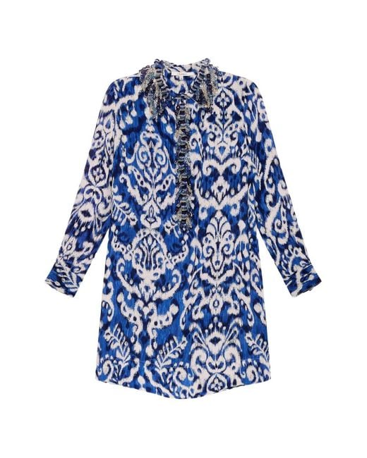 Maliparmi Blue Ikat-Print Bead-Embellished Dress