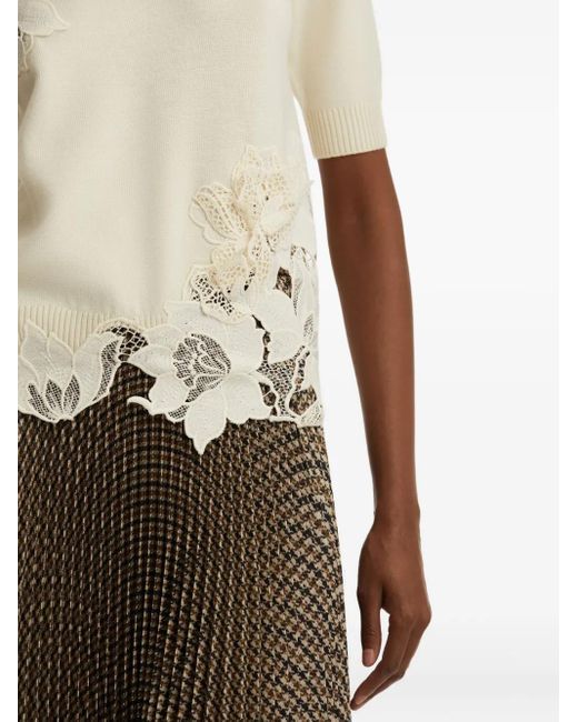 Oscar de la Renta White Guipure-Insert Short-Sleeve Top