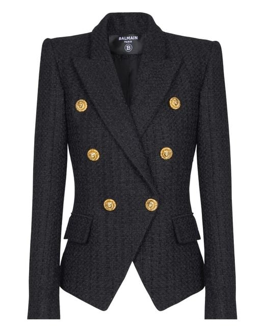 Balmain Black Blazer En Tweed À Six Boutons