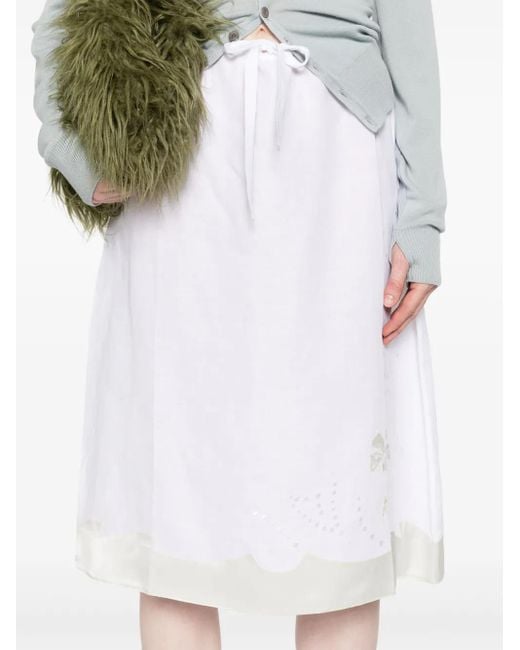 Prada White Embroidered Linen A-Line Skirt