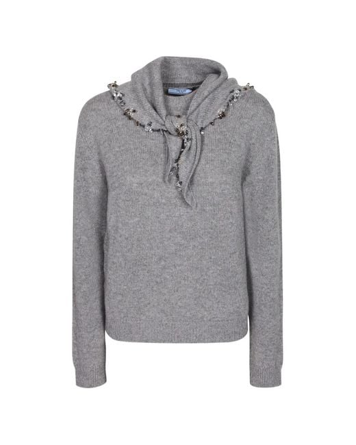 Prada Gray Crystal-Embellished Scarf-Detail Sweater