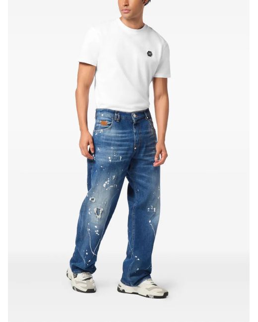 Philipp Plein Blue Beach Boy Fit Paint-Splatter Distressed Jeans for men