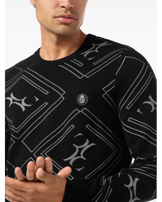 Billionaire Black Geometric-Pattern Crew-Neck Sweater for men