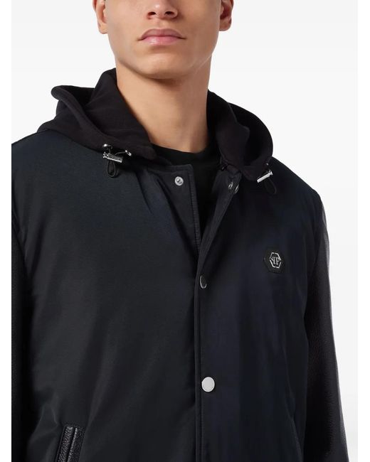 Philipp Plein Black Leather-Sleeve Hooded Bomber Jacket for men