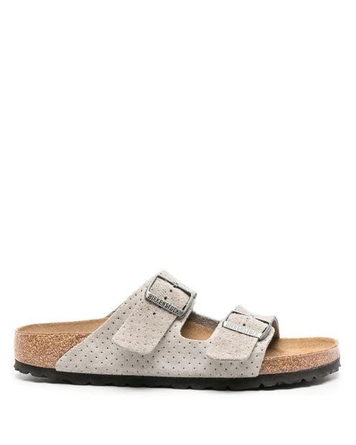 Birkenstock White Arizona Perforated Suede Slides