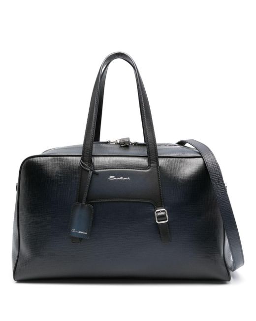 Santoni Black Logo-stamp Leather luggage Bag for men