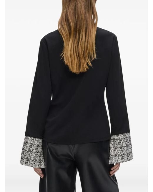 Karl Lagerfeld Black Bouclé-Trim Long-Sleeve Polo Shirt