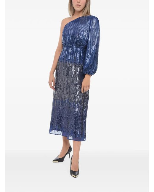 Rixo Blue Sequin-Embellished One-Shoulder Midi Dress