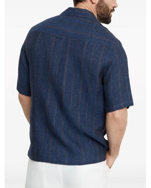 Brunello Cucinelli Blue Short-Sleeve Linen Shirt for men