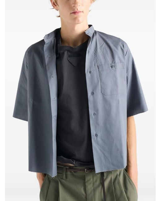 Prada Blue Band-Ollar Raw-Cut Shirt for men