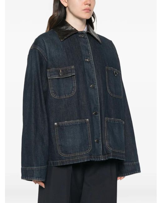 Prada Blue Leather-Collar Patch-Pocket Denim Jacket