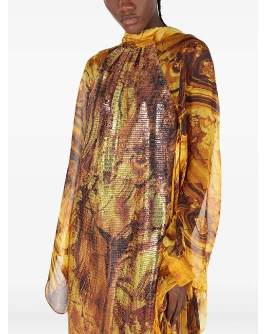 Roberto Cavalli Metallic Amber-Print Sequin-Embellished Maxi Dress