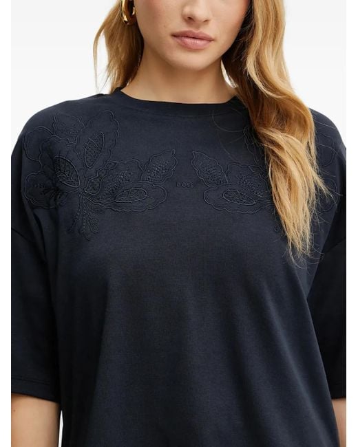 Boss Blue Floral-Embroidered T-Shirt