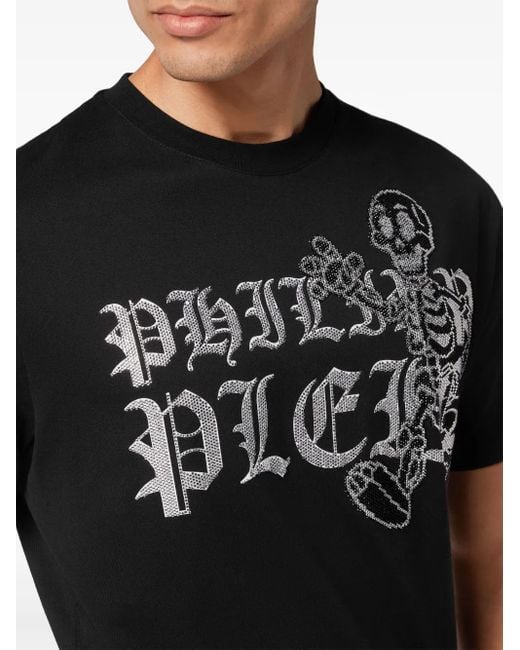 Philipp Plein Black Rhinestone-Skeleton Cotton T-Shirt for men