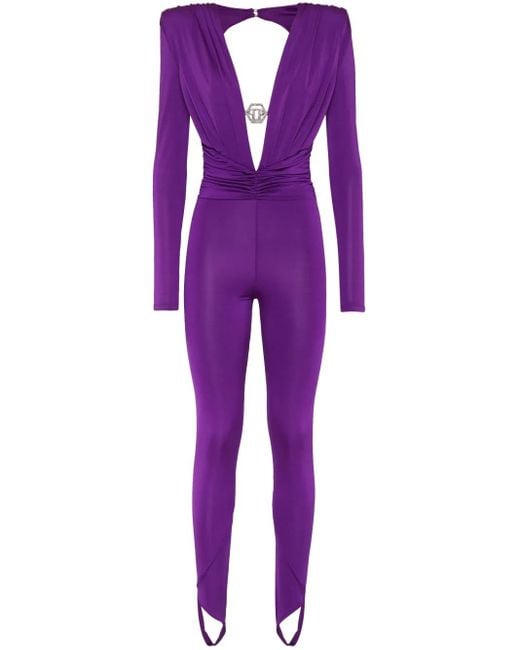 Philipp Plein Purple Shoulder Padded Bodycon-Design Jumpsuit