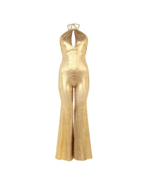 Roberto Cavalli Metallic Halter Serpentine-Print Jumpsuit