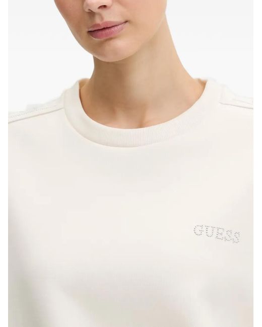 Guess White Octavia Rhinestone-Logo Tape-Detail Sweatshirt