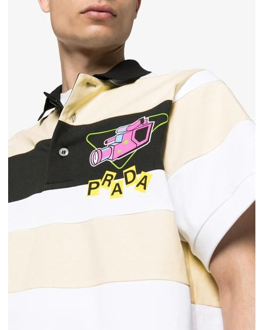 Prada White Striped Camera Logo Polo Shirt for men