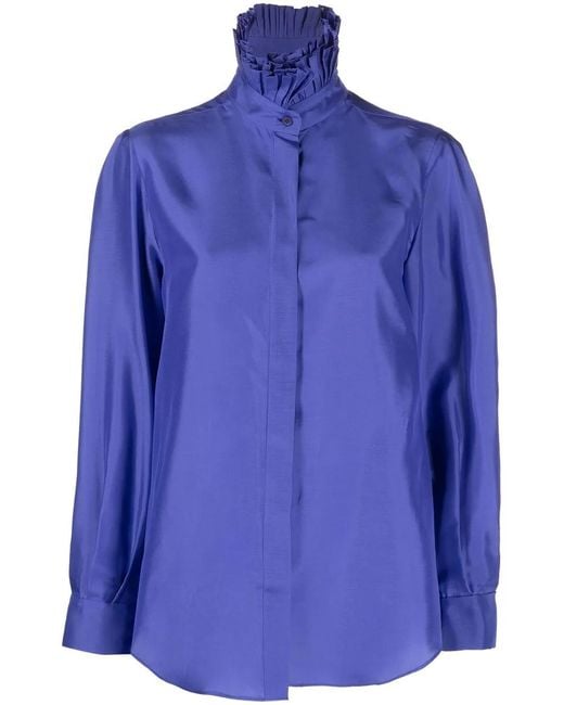 Alberta Ferretti Blue Ruffle-Collar Silk Shirt