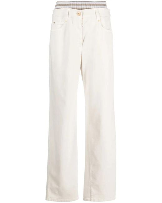 Brunello Cucinelli White Striped-Waistband Wide-Leg Jeans