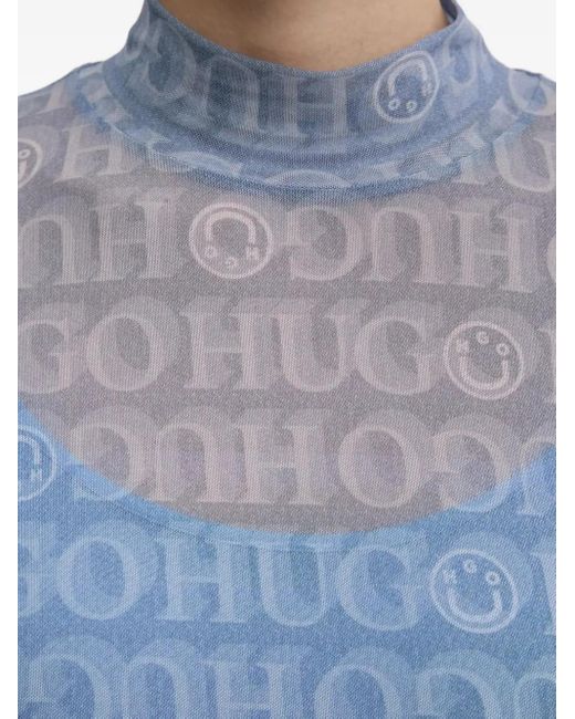 HUGO Blue All-Over Logo-Print Midi Dress
