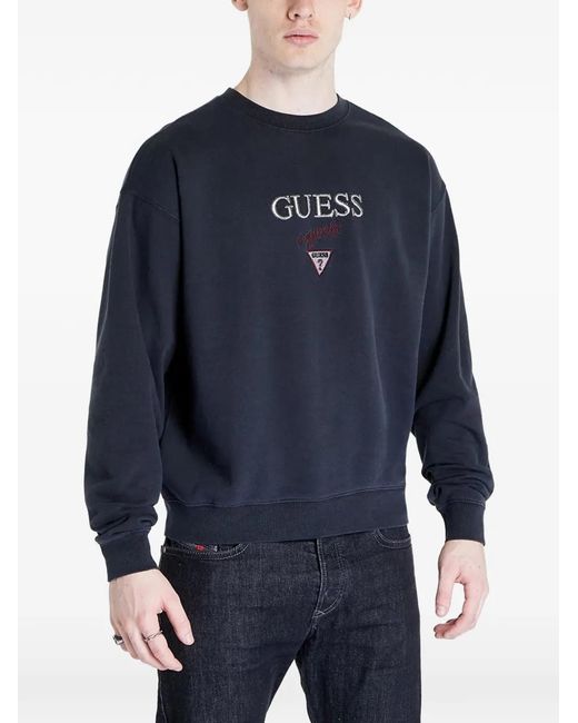 Guess Blue Logo-Embroidered Crew-Neck Sweater for men