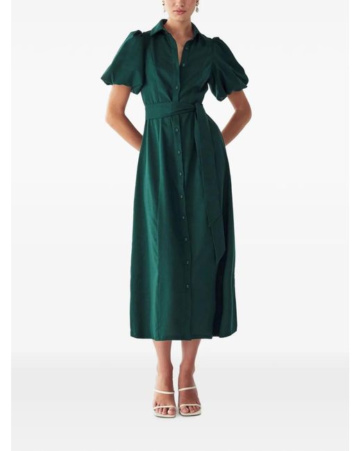 Willa Green Belted Puff-Sleeve Midi Dress