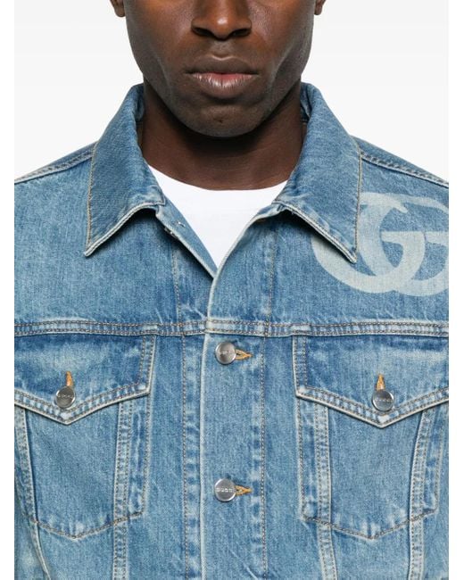 Gucci Jassen ,Blauw ,Denim Lasered Double G Denim Jack in het Blue voor heren