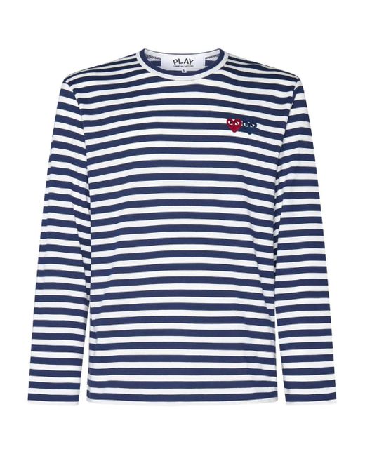 COMME DES GARÇONS PLAY Blue Heart-Patch Striped Cotton T-Shirt for men