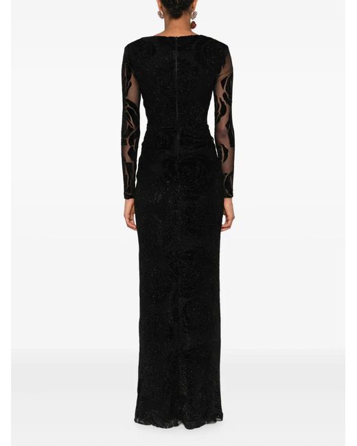 Nissa Black Rose-Print Glitter Maxi Dress