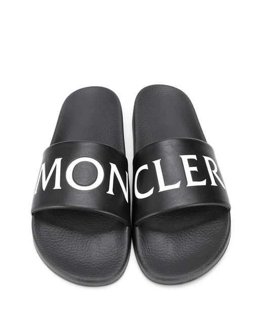 Moncler Black Leather Logo Slides for men