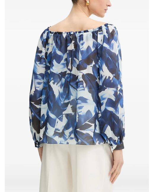 Guess Blue Leaf-Print Ruffled Blouse