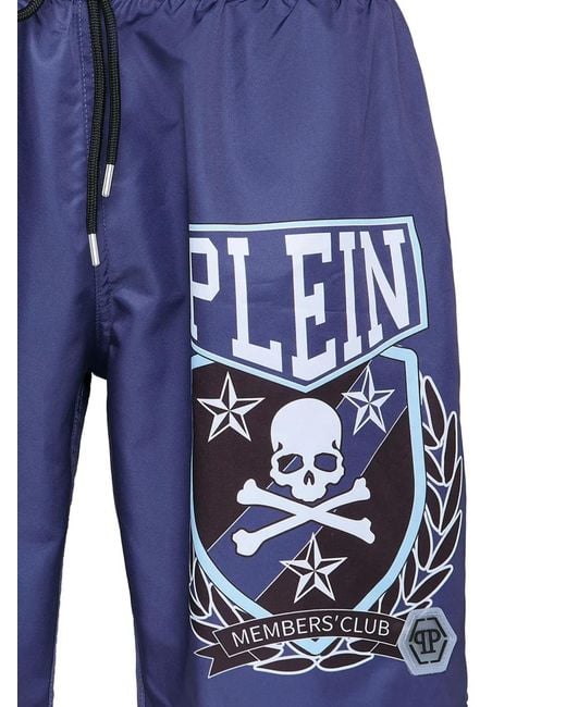Philipp Plein Blue Skull&Bones-Print Swim Shorts for men