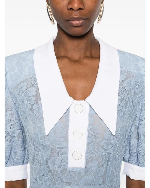 ROWEN ROSE Blue Robe Mi-Longue En Dentelle À Manches Bouffantes